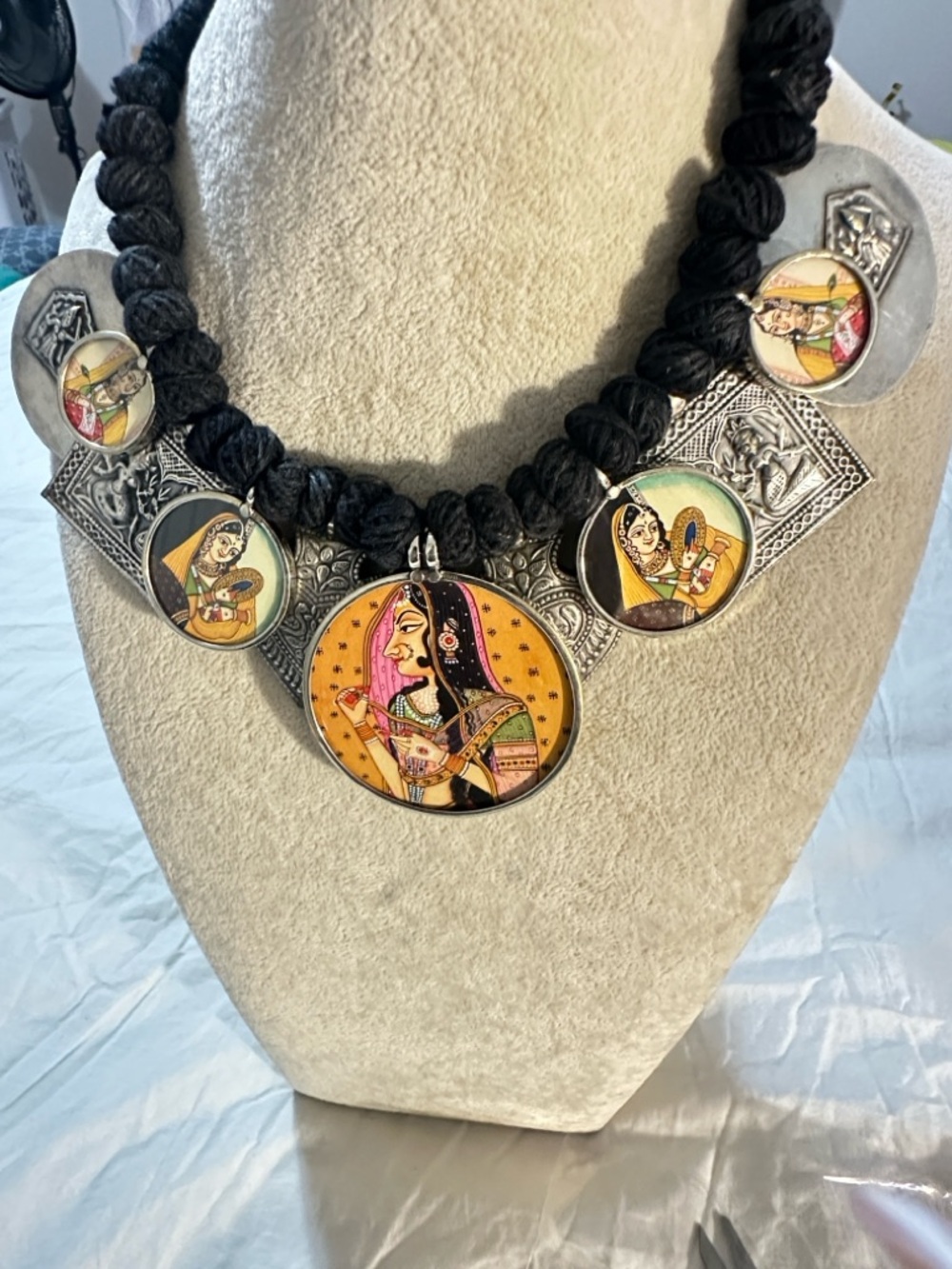Sale‼️Hand-Painted Multicolor Medallion Necklace on Black Braided Cord